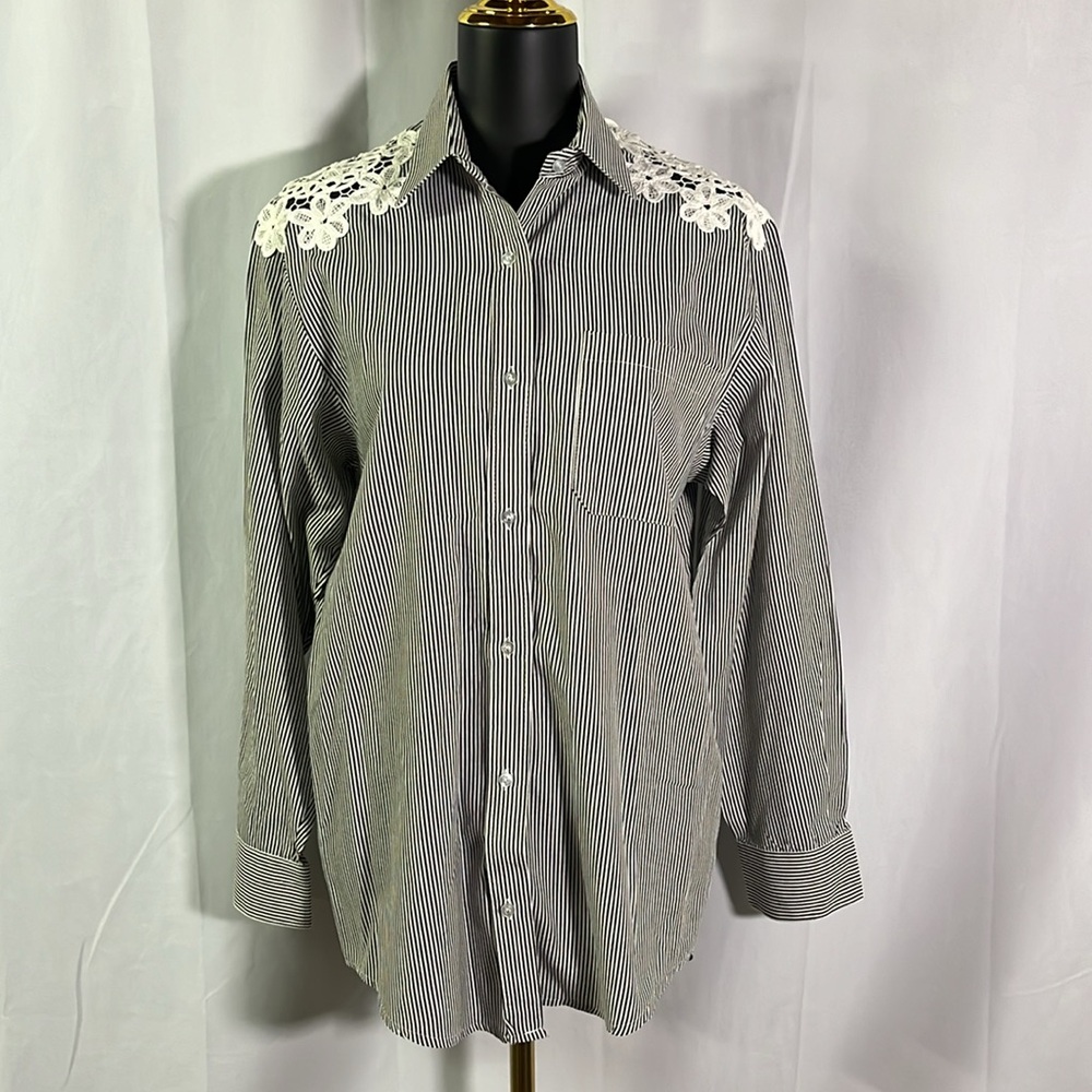 Get Lucky Black & White Striped Floral Lace Accent Button Down Shirt